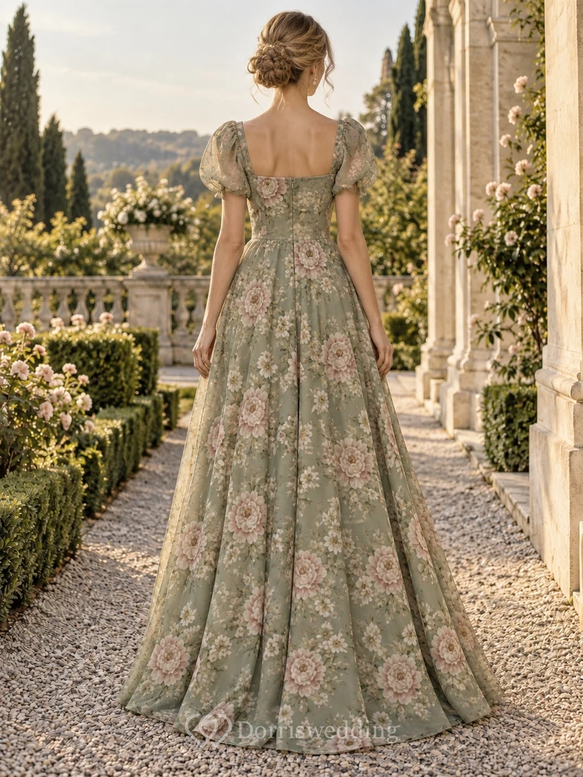 Vintage Sage Square Neck Puff Sleeve Floral Long Prom Dress view 2