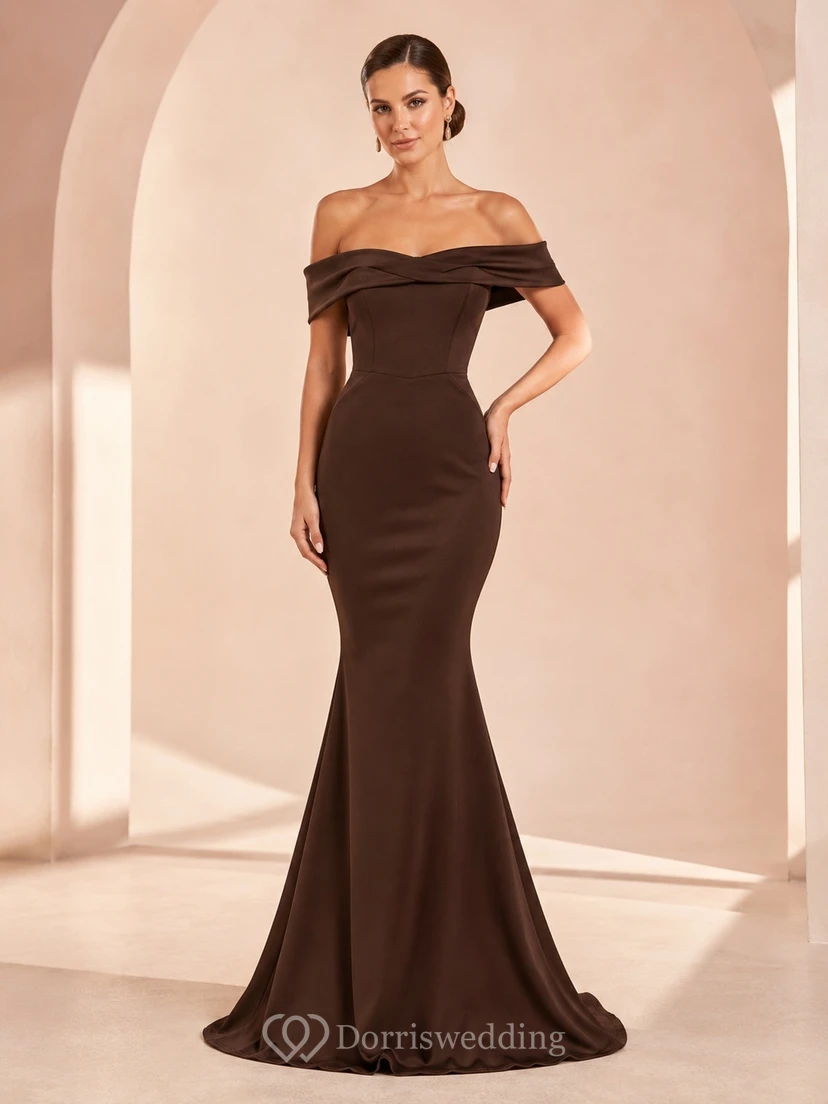 Chocolate Brown Off-the-shoulder Satin Mermaid Floor-length Sweep Train Evening Dress