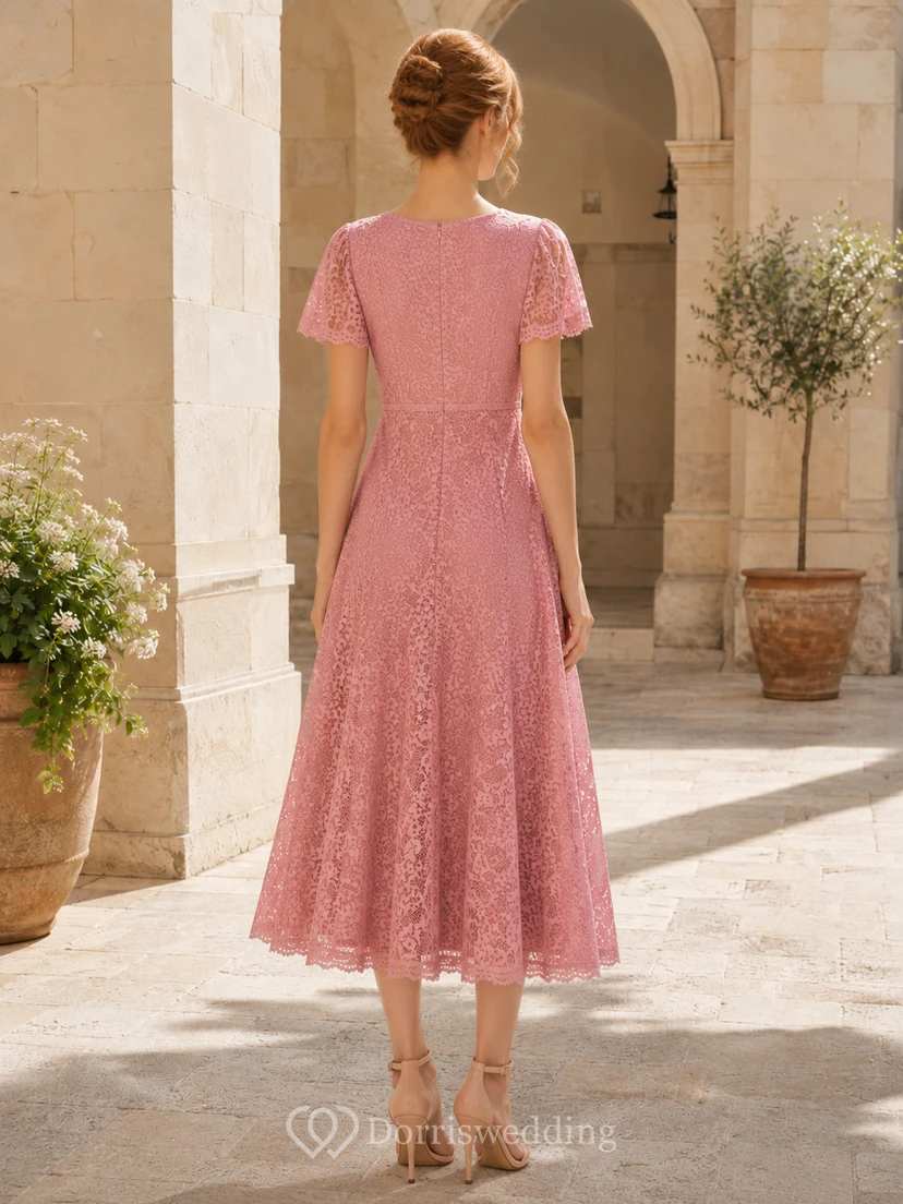 Dusty Rose Lace Cap Sleeve Tea Length Wedding Guest Dress view 2