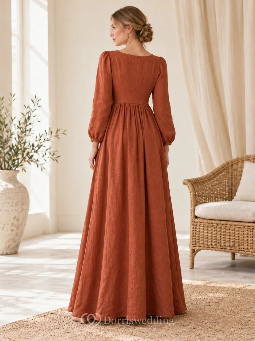 Robe décontractée orange style Régence, col en V, manches longues, coupe empire, longueur au sol view 2