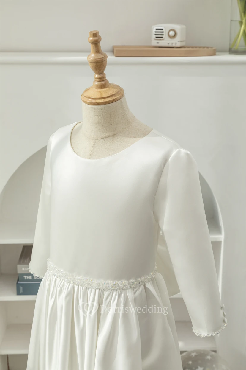 Modest Long Sleeve Scoop-neck Satin A-line Beaded Flowergirl Dress view 4
