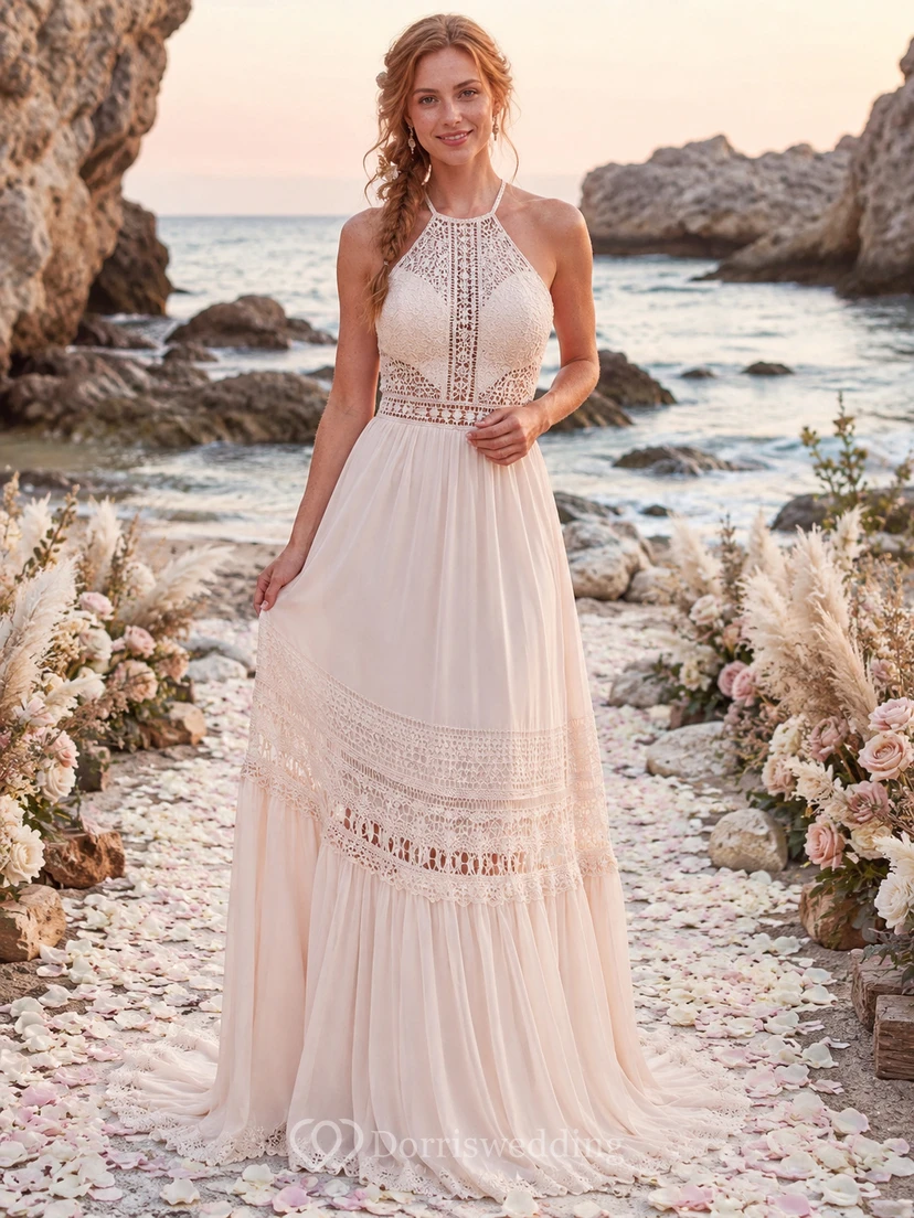 Robe de mariée bohème de plage à dos nu en crochet, style licou, style bohème.