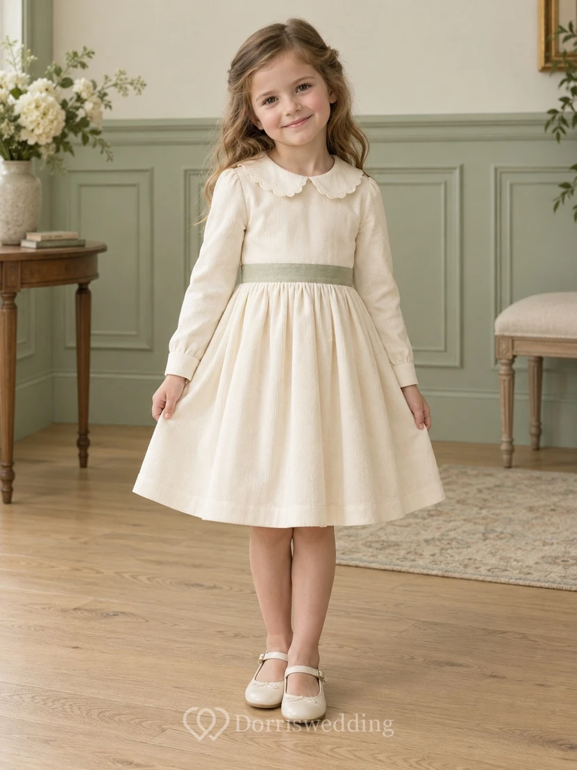 Modest Long Sleeve Ivory Knee Length Sage Sash Small Collared Corduroy Flower Girl Dress view 2