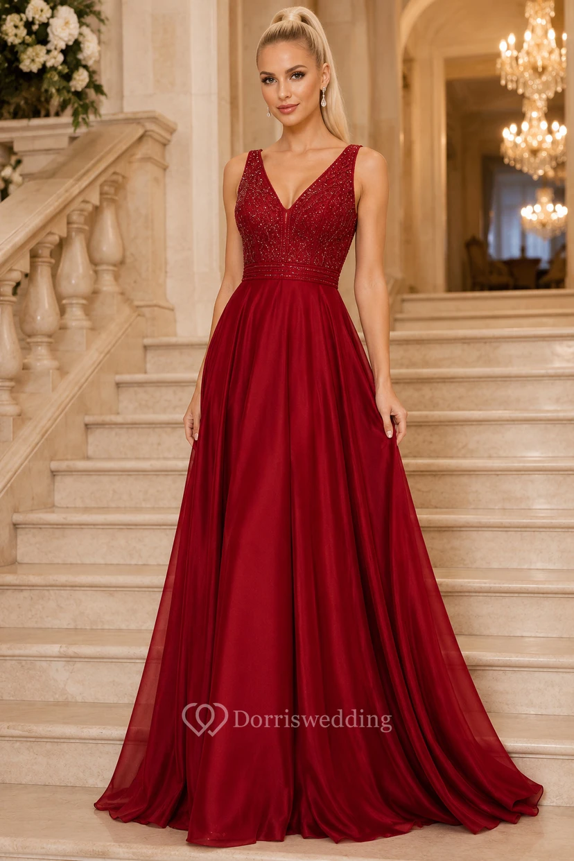 Rotes A-Linien-Abendkleid mit V-Ausschnitt, Spitzenoberteil und fließendem Chiffonrock