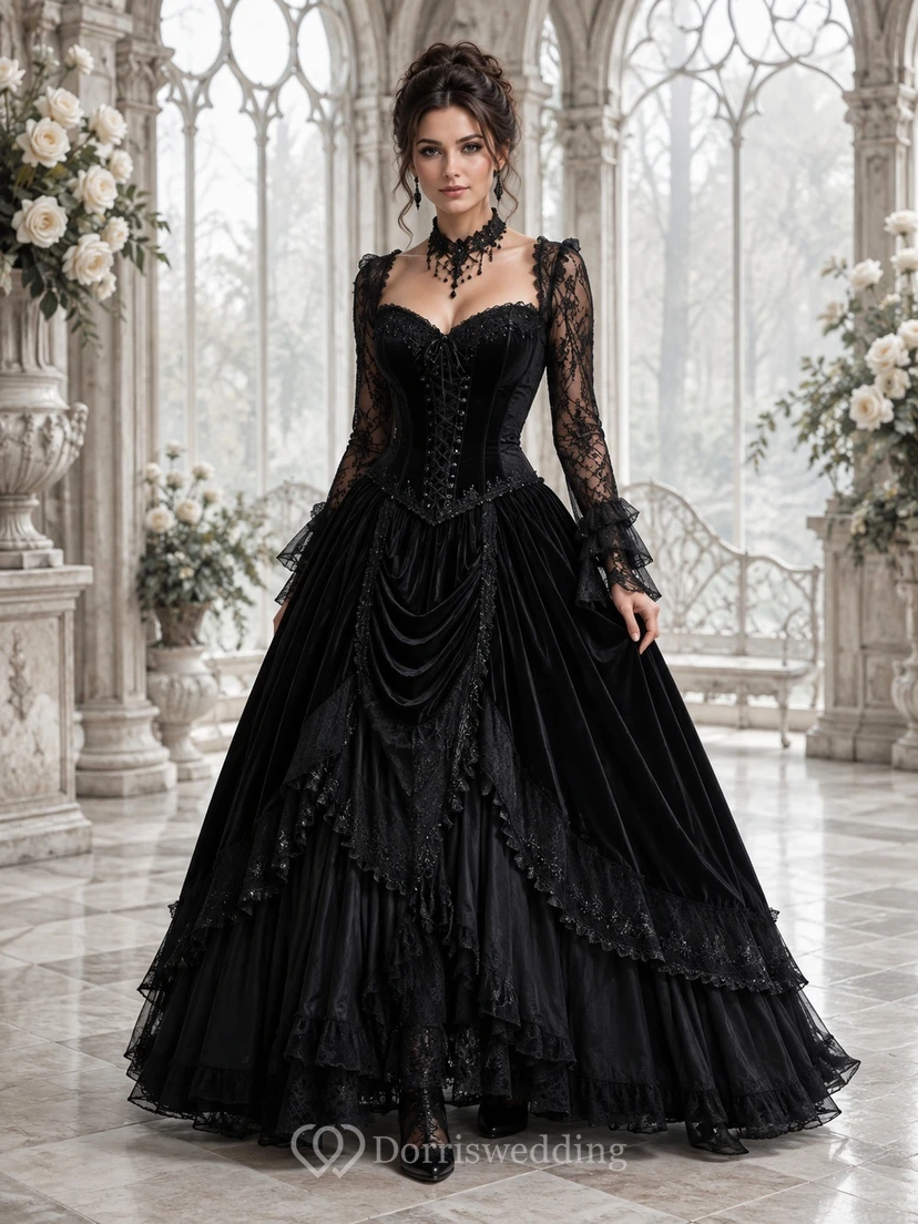 Black Vintage Gothic Bell Sleeve Lace Ball Gown Floor-length Corset Formal Dress