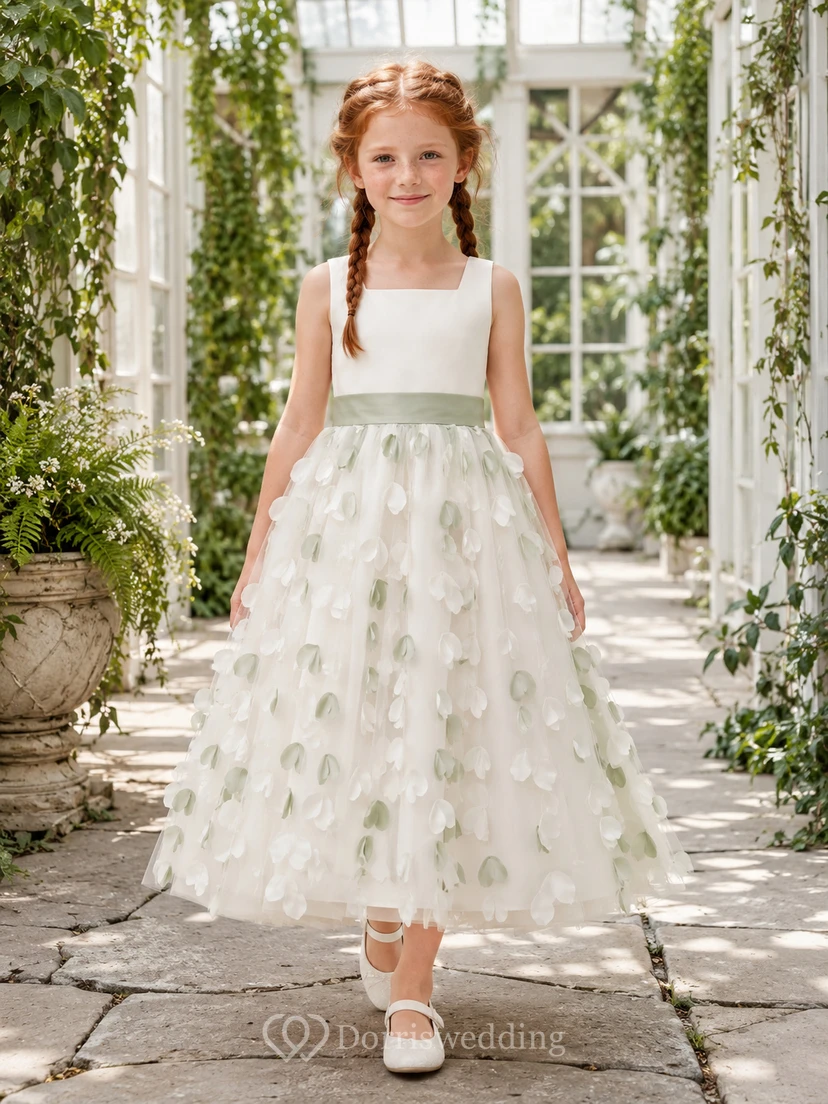 Elfenbeinfarbenes und salbeigrünes 3D-Blumenmädchenkleid mit ärmellosem Tüll-A-Linien-Rock, strukturiertem Blumenmuster, natürlicher Taille und langem Saum