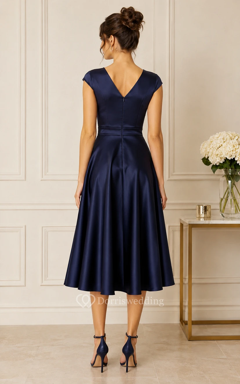 V-Neck Satin Tea-Length A-Line Dress view 2
