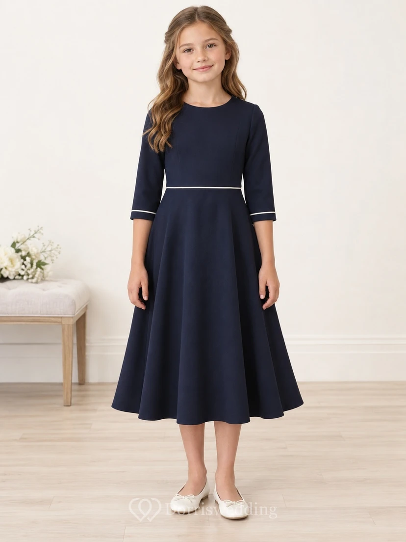 Simple Modest Dark Navy Tea-length Ivory Piped Three-quarter Sleeve Full Flower Girl Dress view 2