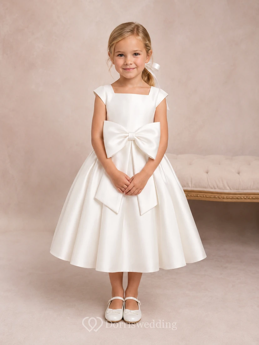 Flower Girl Dress Ivory Satin A-Line Jewel Neck Tea Length Bow Detail