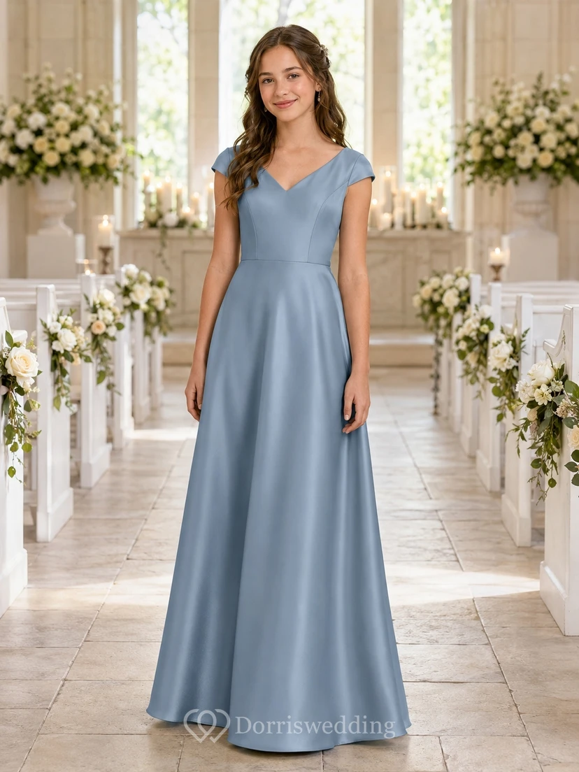 Elegantes, stahlblaues Brautjungfernkleid für junge Damen, A-Linie, V-Ausschnitt, kurze Ärmel, Blütenblatt-Satin