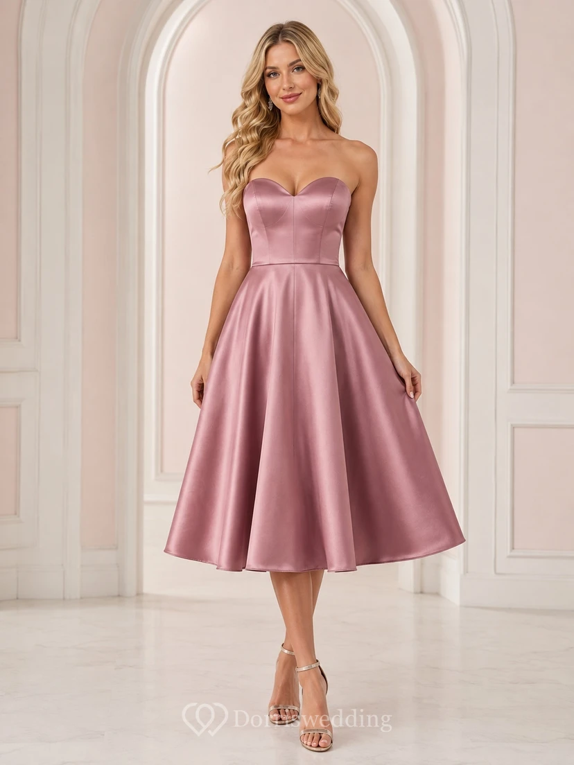 Vintage-Mauve-farbenes, trägerloses A-Linien-Cocktailkleid aus Satin in Teelänge