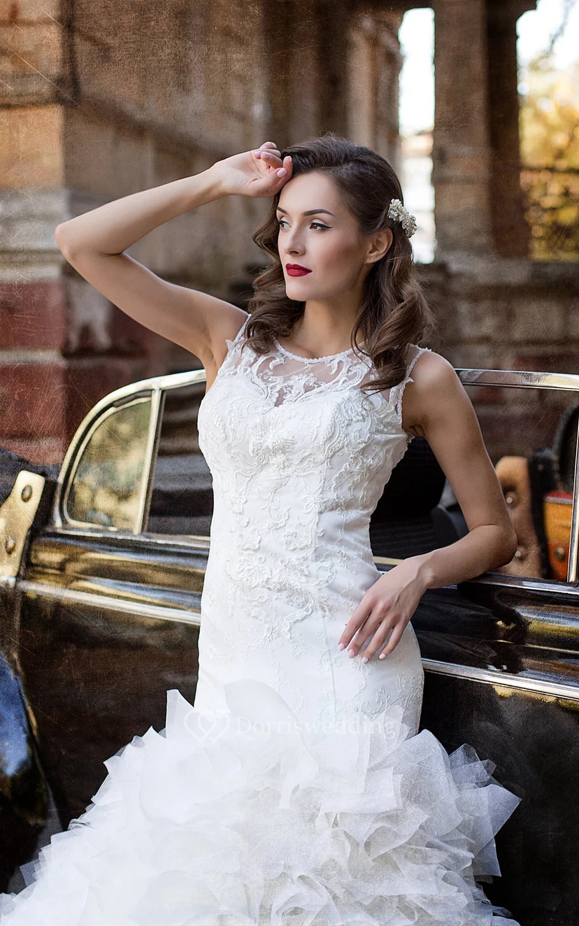 Trumpet Floor-Length Scoop Sleeveless Illusion Tulle Dress With Ruffles And Appliques view 3