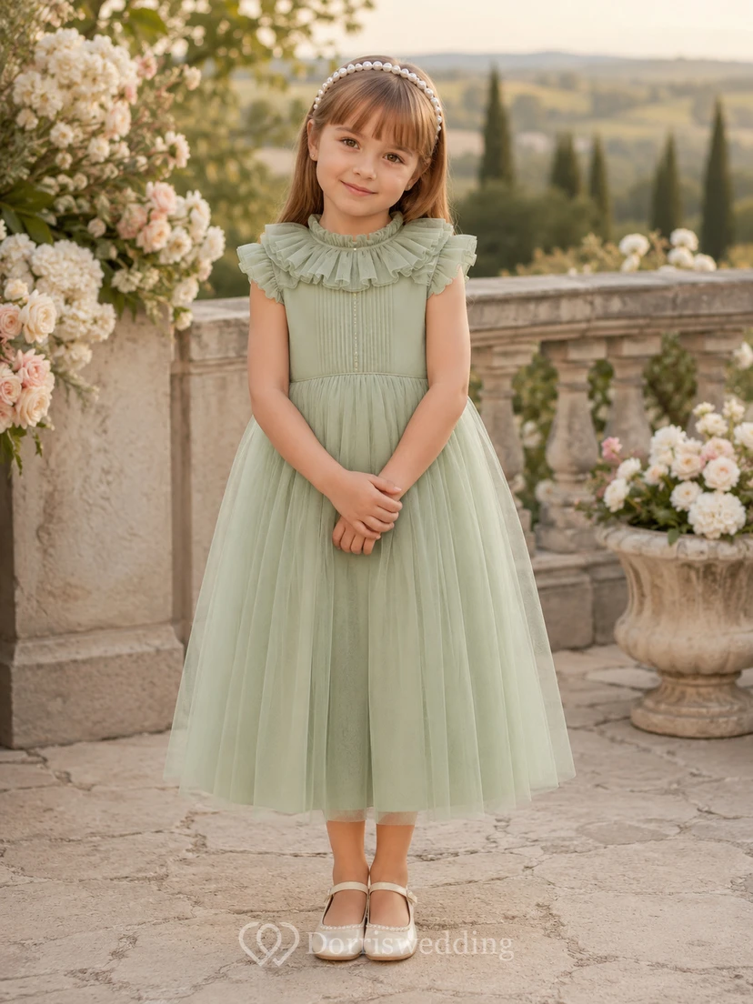 Flower Girl Dress Sage Tulle A-Line Jewel Neck Tea Length Bow Back