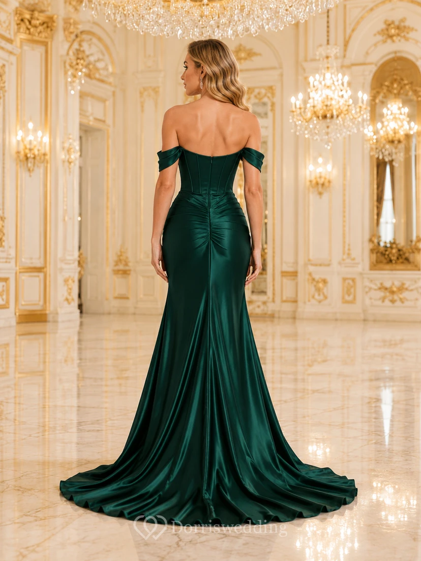 Dunkelgrünes Meerjungfrauenkleid aus Satin mit herzförmigem Ausschnitt und Schlitz view 2