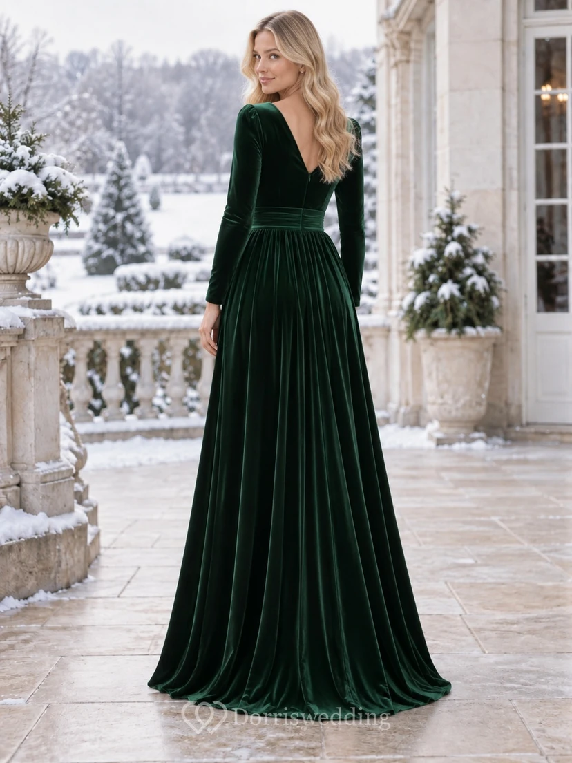 Winter Wedding Emerald Velvet V-Neck Long Sleeve Slit Floor-Length Bridesmaid Dress view 2