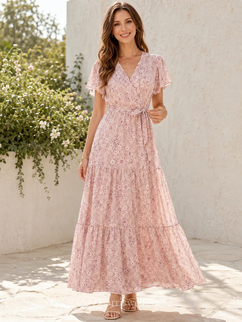 Rosafarbenes, geblümtes Wickelkleid mit V-Ausschnitt, flatternden Ärmeln und Stufenrock