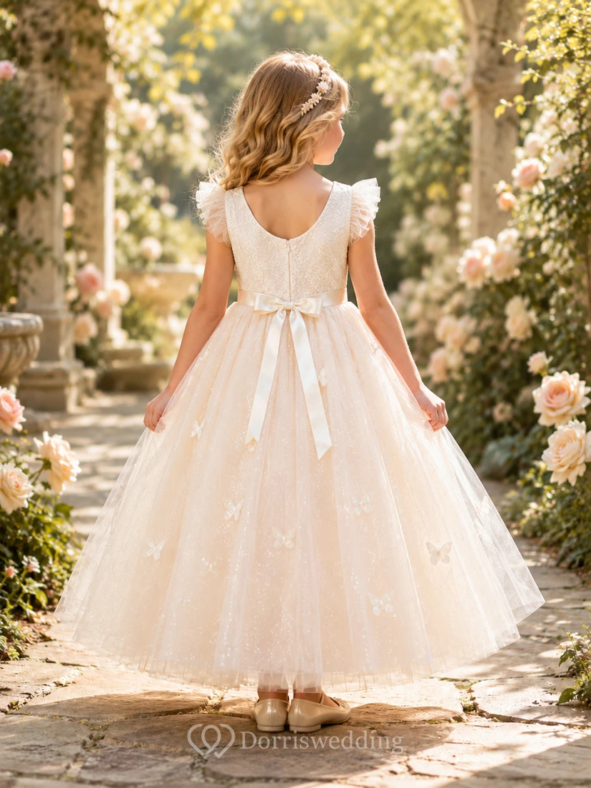 Vestido de niña de las flores, color marfil, encaje, tul, corte en A, cuello joya, largo hasta la rodilla. view 2