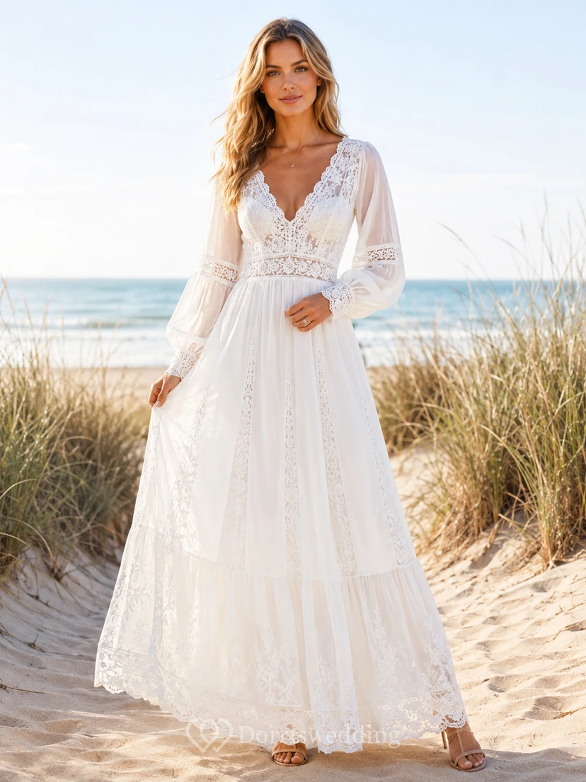 Robe de plage bohème romantique en dentelle, coupe trapèze, longue, col V, manches longues, col V, style bohème.