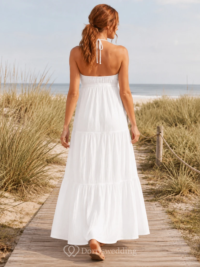 Robe de mariée bohème décontractée à volants, style empire, longueur cheville, dos nu, sans manches, en mousseline, pour la plage ou la maternité. view 2