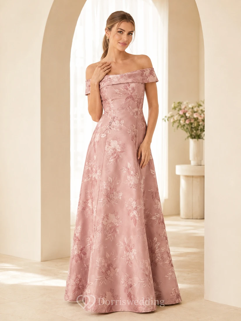 Blush off shoulder floral lace floor length A-line formal dress