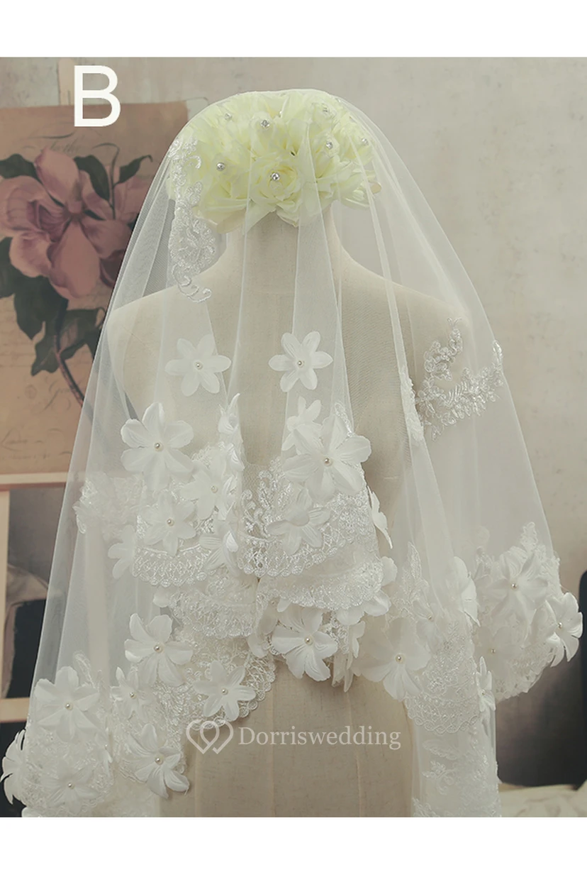 Simple Sweep Tulle Wedding Veil with Lace Edge and Flowers view 2