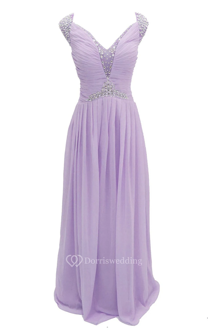 Cap-sleeve V-neck Chiffon A-line Gown With Crystal Detail view 5