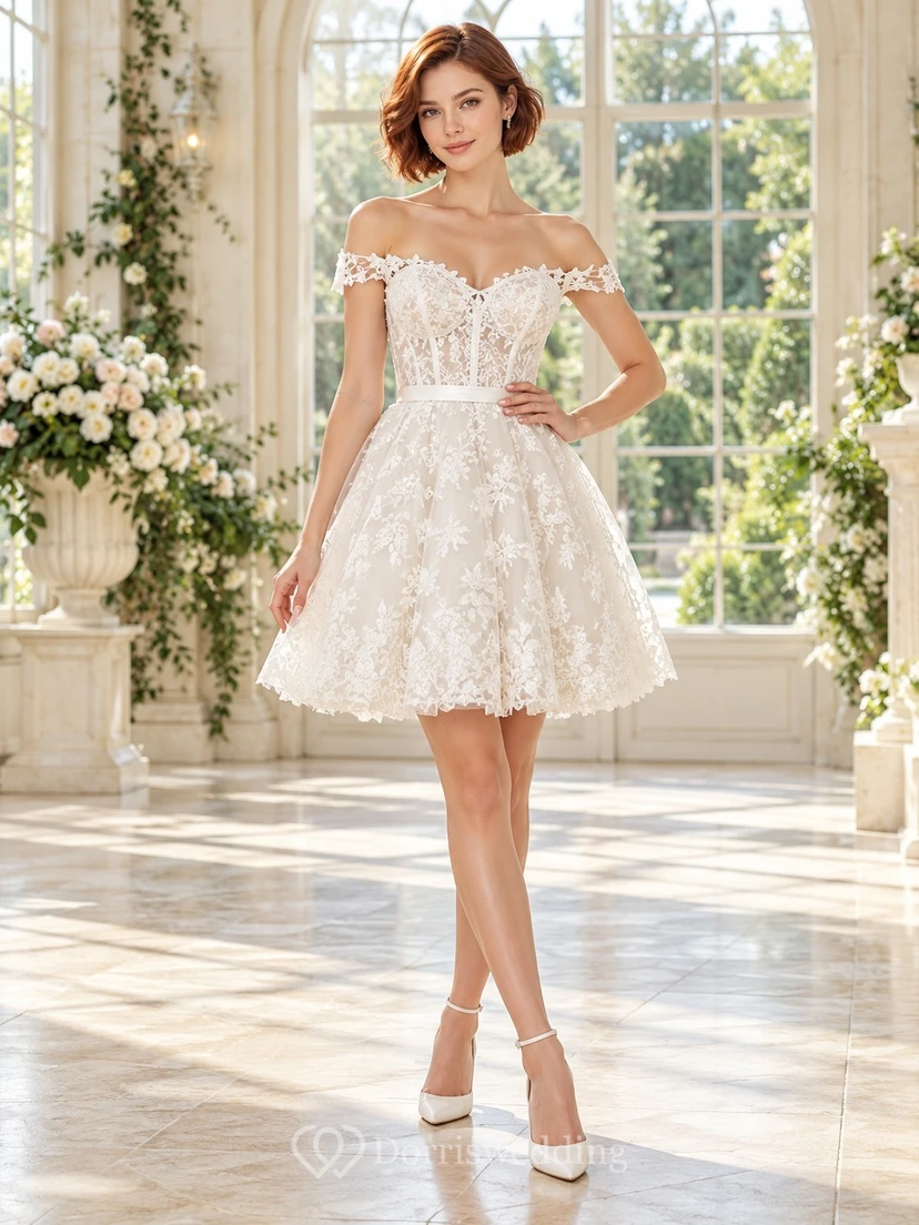 Short Off Shoulder Sweetheart Corset Bodice Floral Lace Wedding Dress