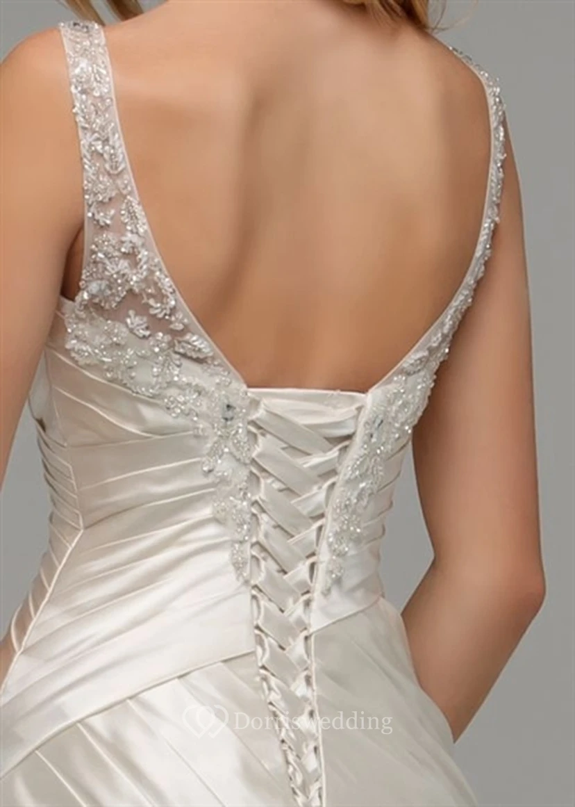 Floor-Length V-Neck Ruched Satin Wedding Dress With Brush Train And Lace Up view 4