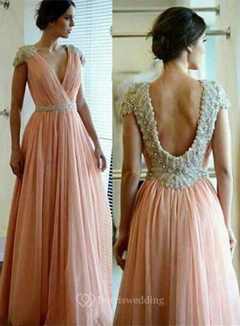 Elegant A-line Lace Appliques Prom Dress V-neck Beadings