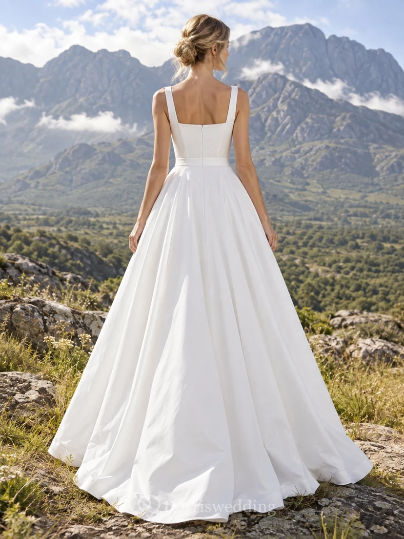 Vestido de novia sencillo de satén con escote cuadrado, tirantes anchos y corte en A con pliegues. view 2