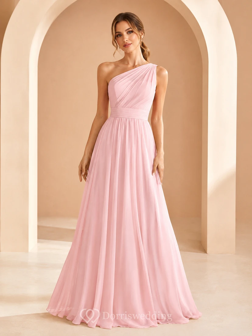 Rosafarbenes, schulterfreies Chiffon-Abendkleid in A-Linie, schlicht und bodenlang, für Damen