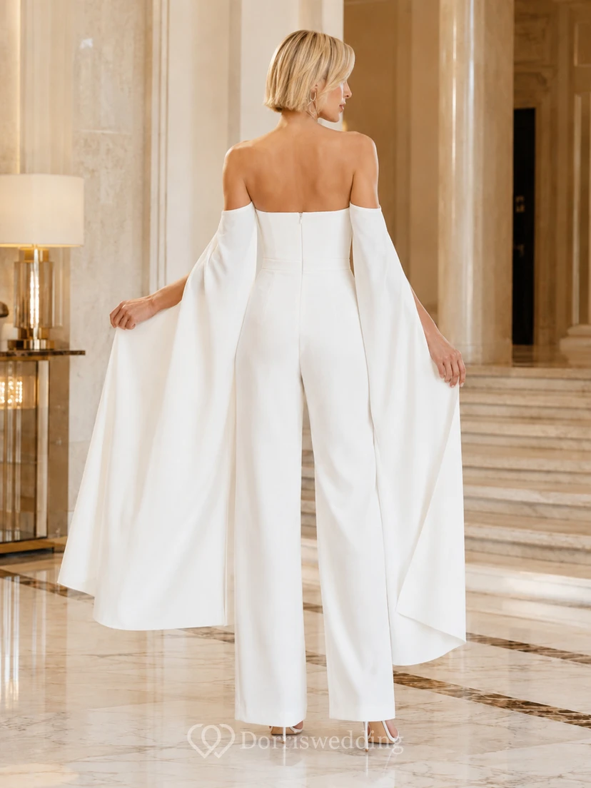 Combinaison bustier cape longue sans manches en satin stretch luxueux et moderne pour réception de mariage view 2