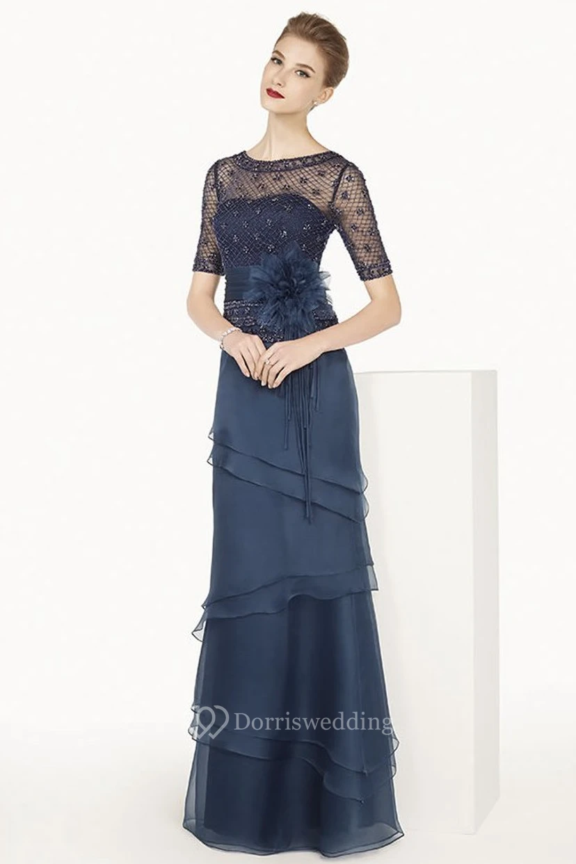 Short Sleeve Layered Chiffon Long Dress With Flower Sash And Beading-net Top