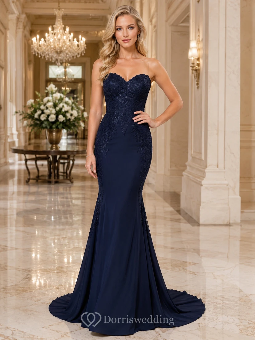 Dark Navy Sweetheart Lace Illusion Back Mermaid Gown
