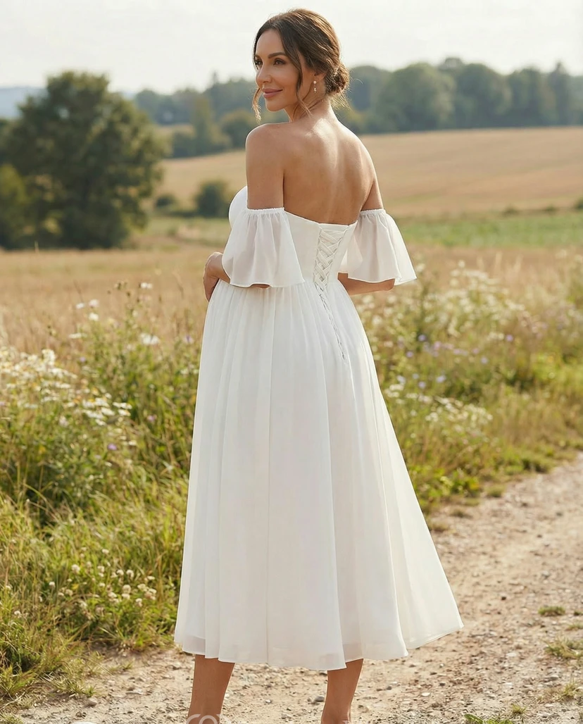 Robe de mariée de maternité bustier longueur thé avec manches papillon épaules dénudées view 2