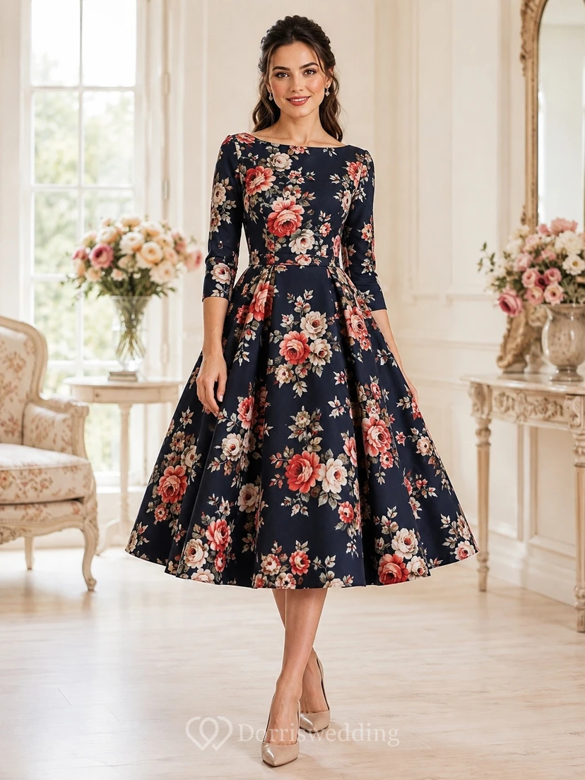 Robe bohème bleu marine à fleurs, col rond, manches 3/4, longueur thé, en mousseline de soie, coupe trapèze.