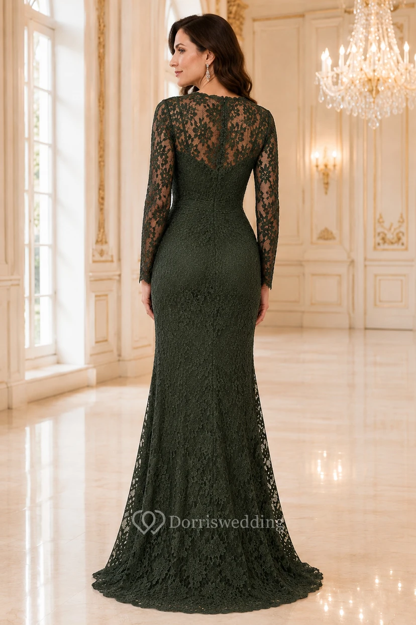 Dark Green Long Sleeve Lace Mermaid Mother Dress view 2