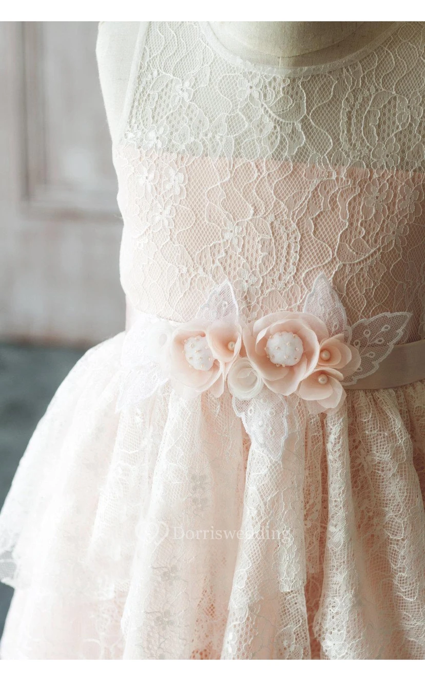 Illusion Bateau Neck Sleeveless A-line Layered Lace Gown With Flower Sash view 4