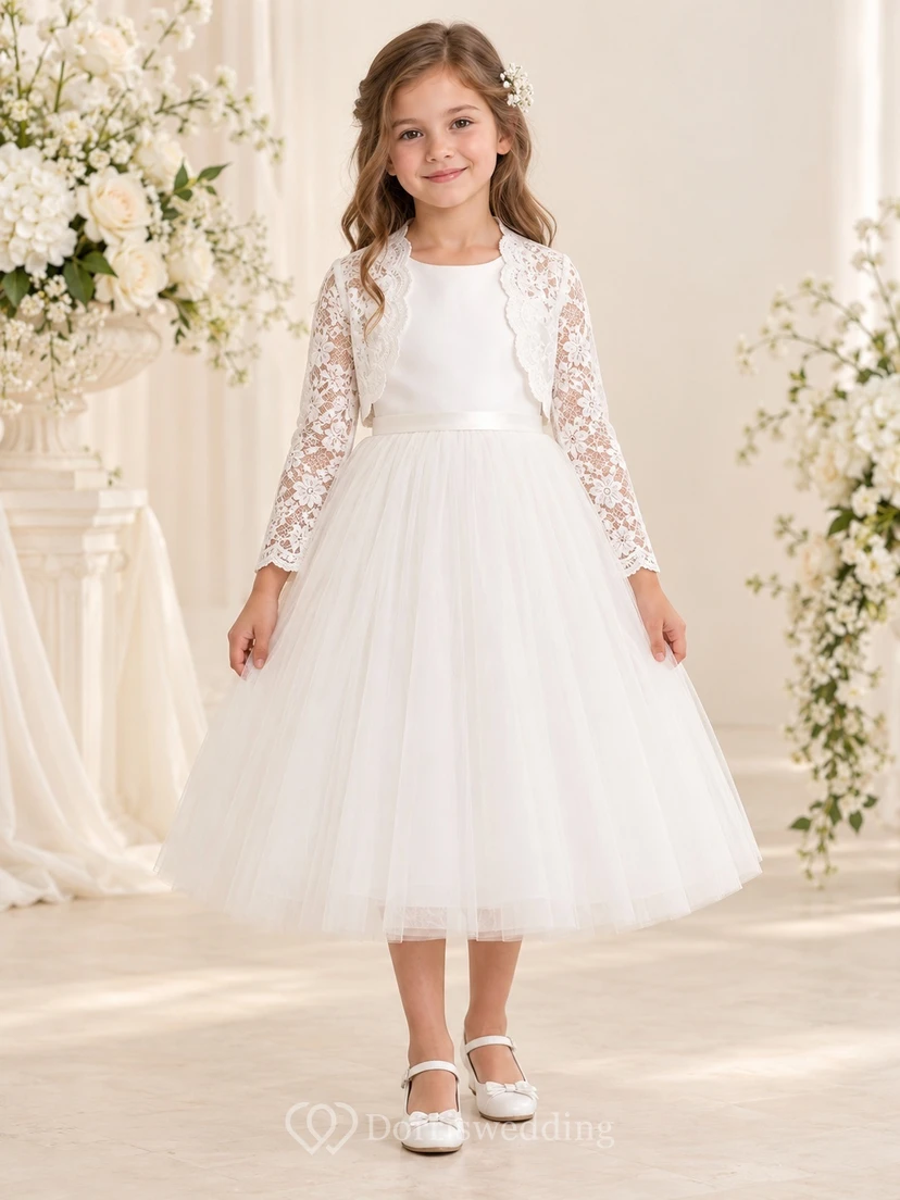 Vestido de niña de flores blanco de corte A, largo hasta la rodilla, manga larga, encaje y tul, bolero con cinturón.