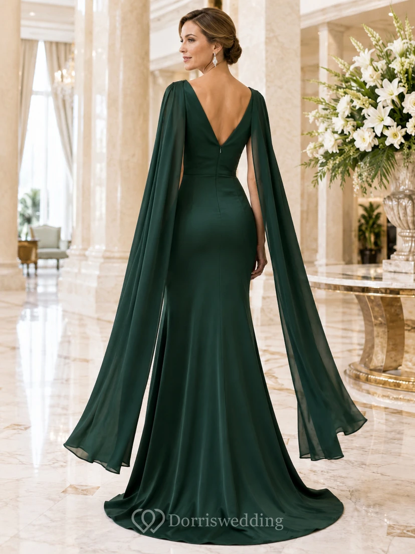 Dark Green V-Neck Sleeveless Beaded Satin Sheath Sweep Train Cape Mother Dress view 2