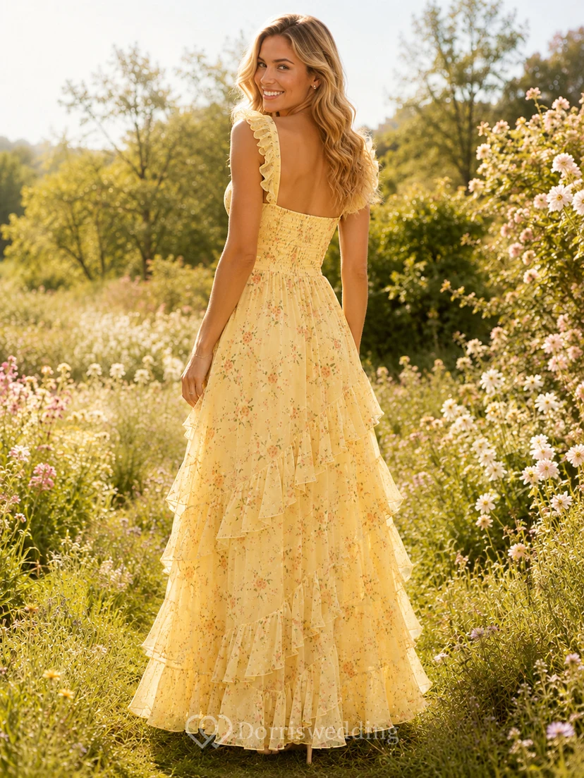 Yellow Floral Ruffle Tiered Garden Party Maxi Dress view 2