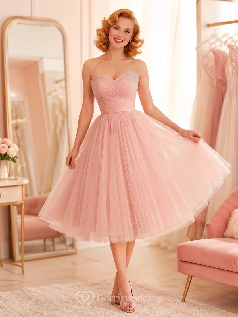 Blushing-Pink Romantic Strapless Tulle Pleated A-Line Tea-Length Party Dress