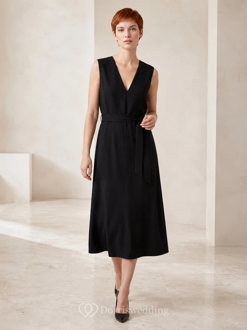 Black Jersey V-neck Sleeveless A-Line Tea-length Classic Simple Modern Elegant Court Dress