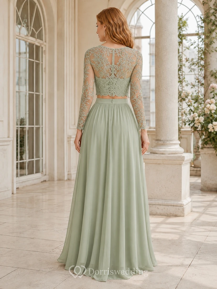Sage Lace Chiffon Long Sleeve Square Neck Two Piece A-Line Formal Dress view 2