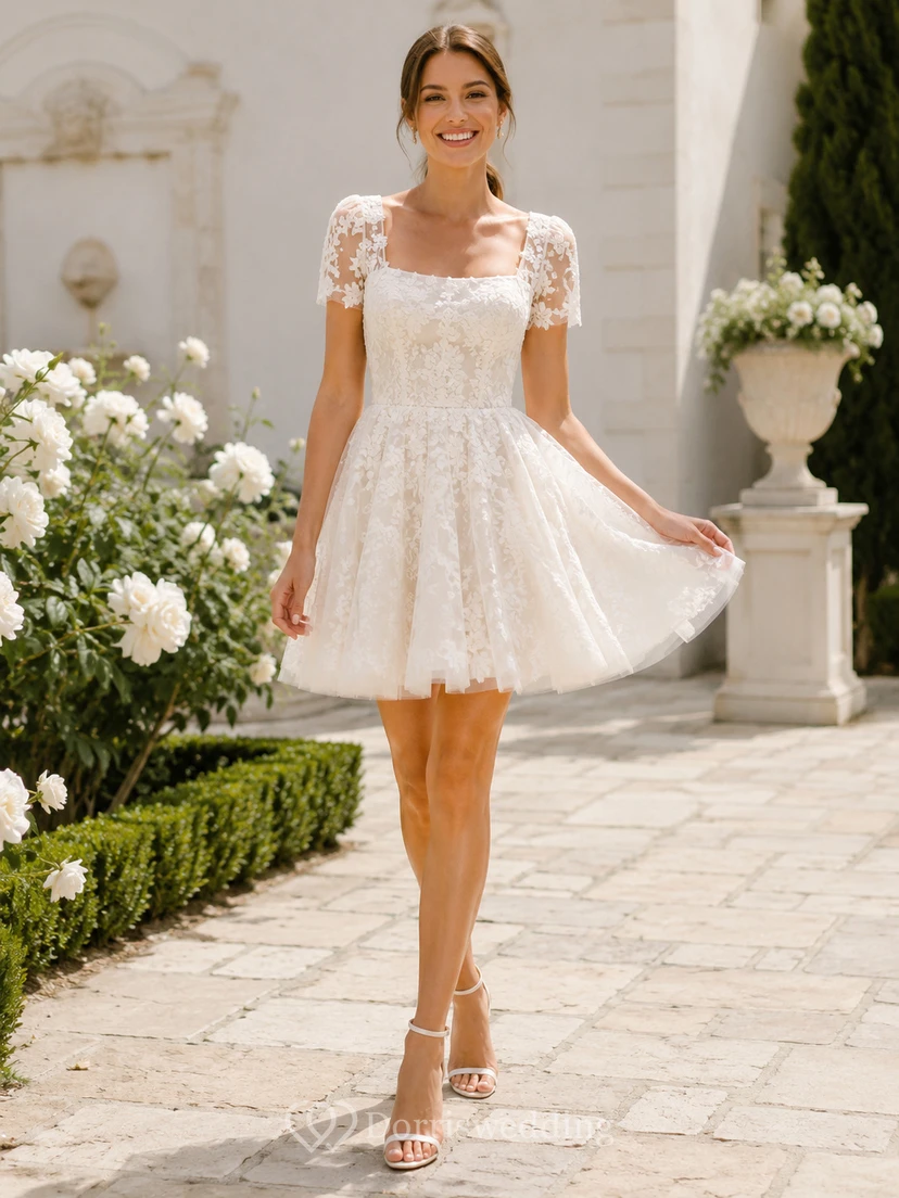 Romantic Square Neck Lace Wedding Reception Mini A Line Cap Sleeves