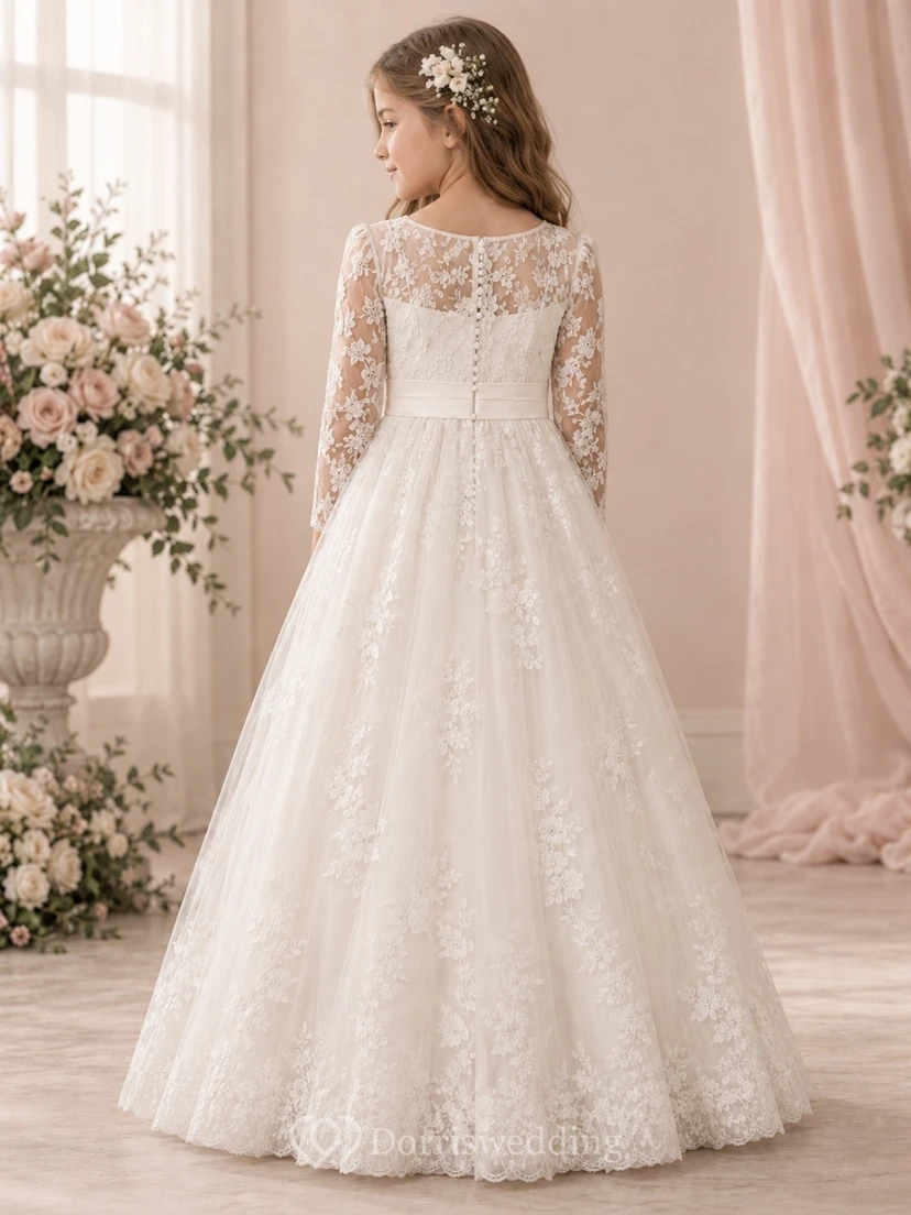Long Sleeve Ivory Floral Jewel Illusion Floor-length A-Line Lace Scalloped Hem Sash Button Flowergirl Dress view 2