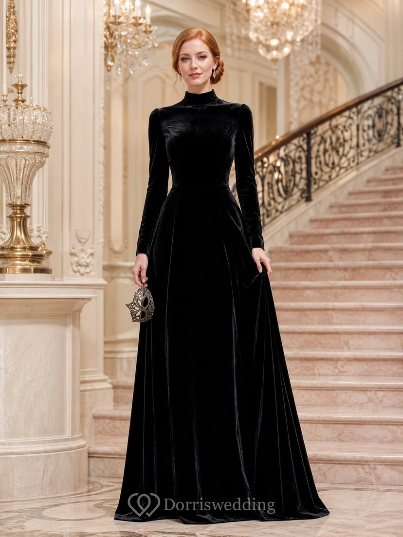 Black high neck long sleeve velvet A-line evening gown
