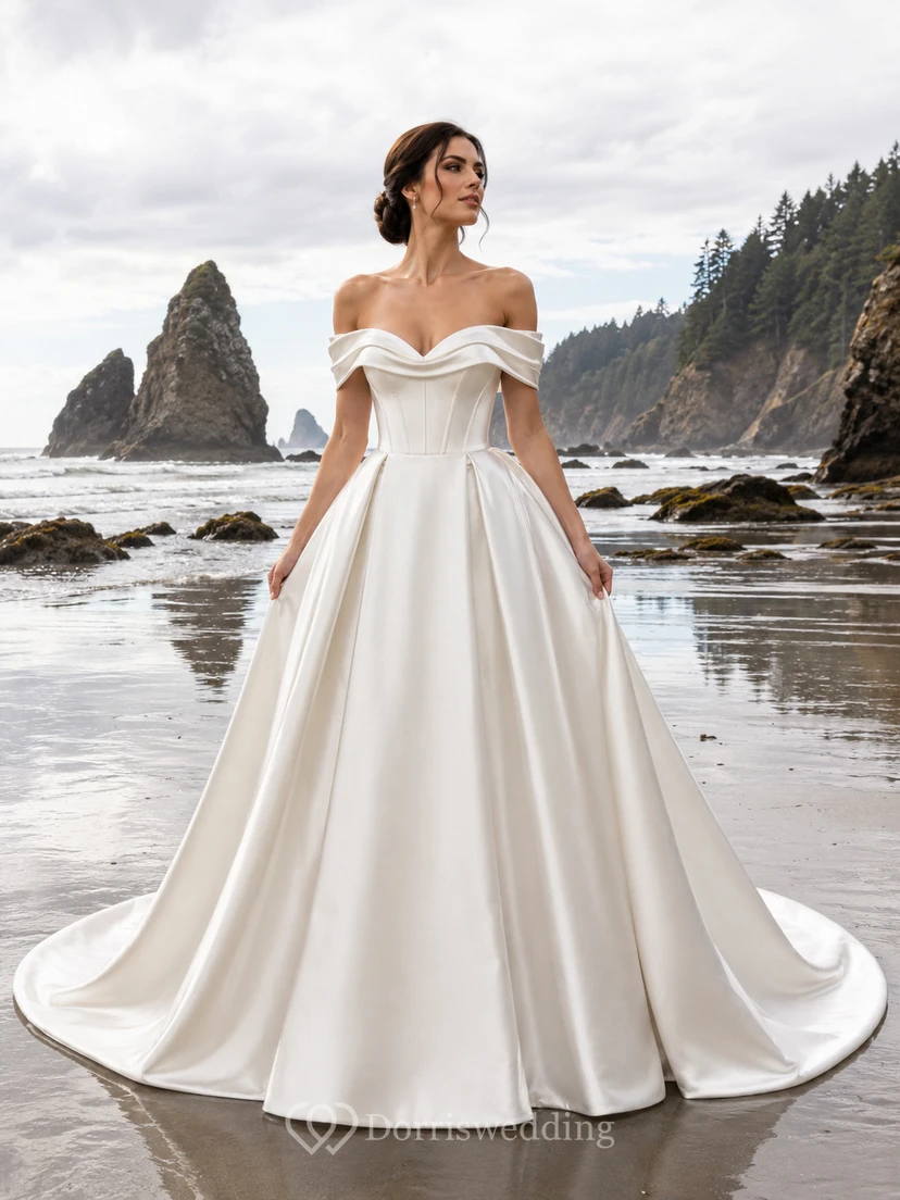 Robe de bal plissée en satin à épaules dénudées et traîne chapelle, style bord de mer