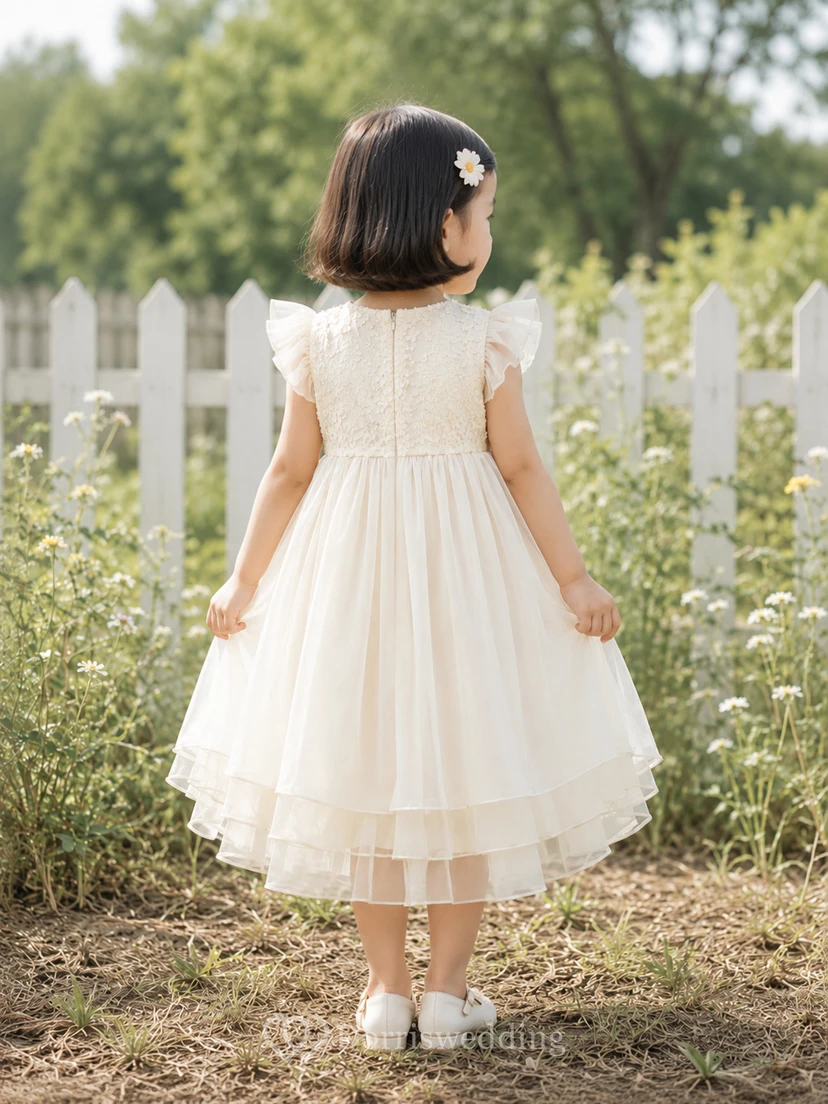 Robe de baptême bébé sans manches en tulle, coupe trapèze, corsage en dentelle à volants view 2