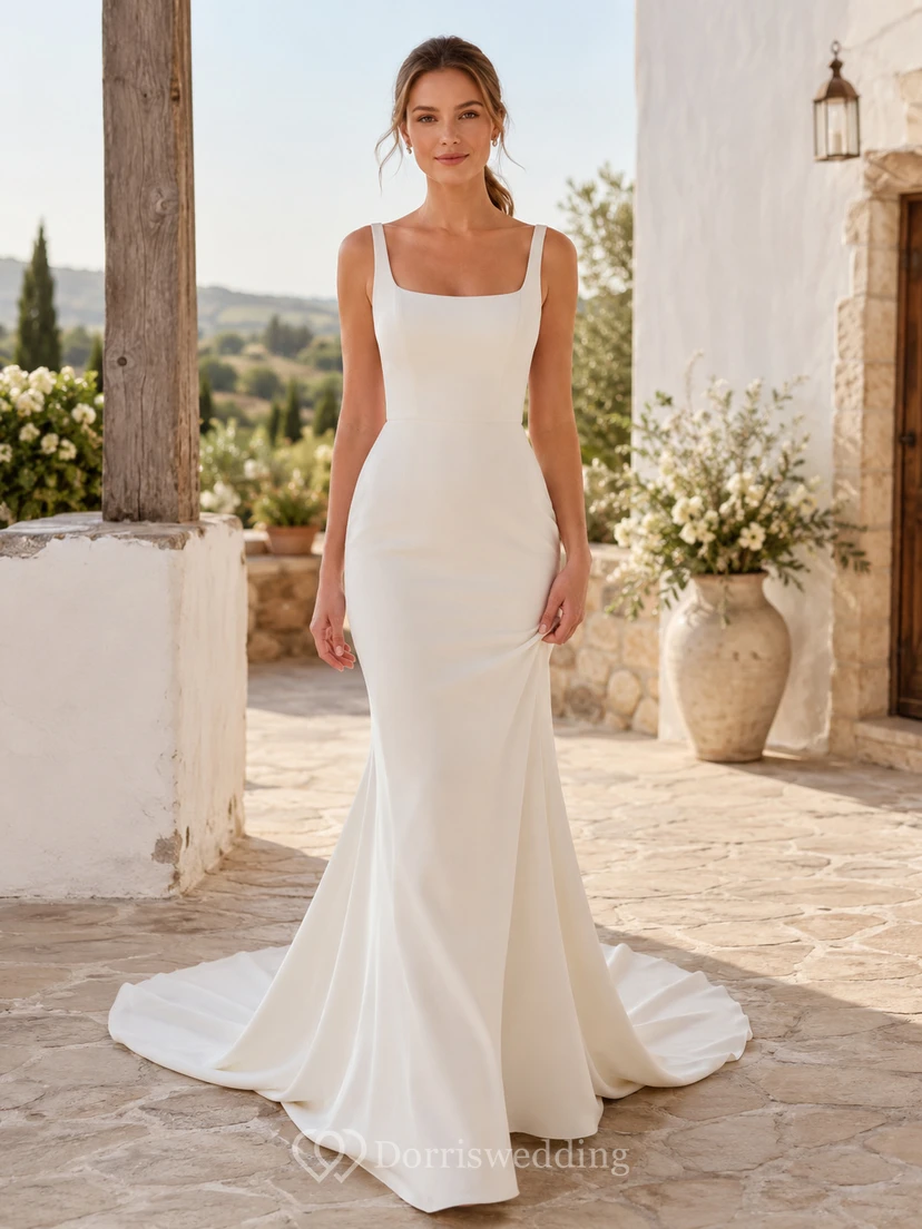 Affordable Modern Square Neck Sleeveless Satin Mermaid Court Train Wedding Dress